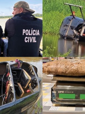 Polícias Civil, Militar e GCM localizam helicóptero de transporte de drogas que caiu às margens de lago em Juruá